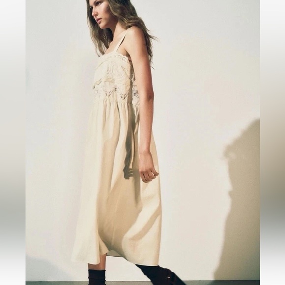 Zara Lace Trim Embroidered Cream Lace Midi Dress - Picture 4 of 12